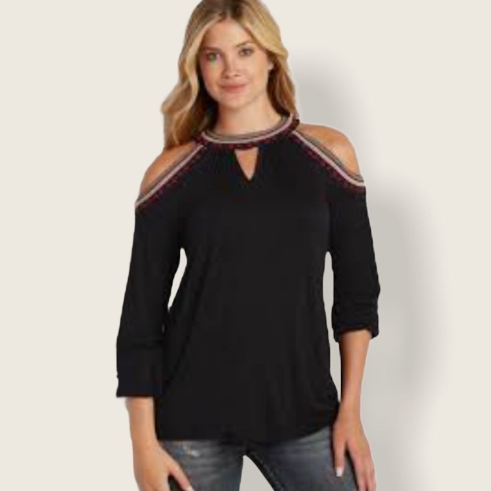 MAURICES Beaded Embroidered Cold Shoulder Lace Top